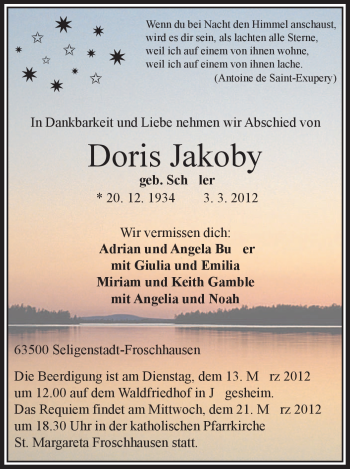 Traueranzeige von Doris Jakoby von OFFENBACH-POST/HANAU-POST