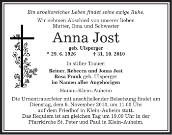 Traueranzeige von Anna Jost von OFFENBACH-POST/HANAU-POST