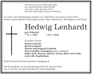 Traueranzeige von Hedwig Lenhardt von OFFENBACH-POST/HANAU-POST