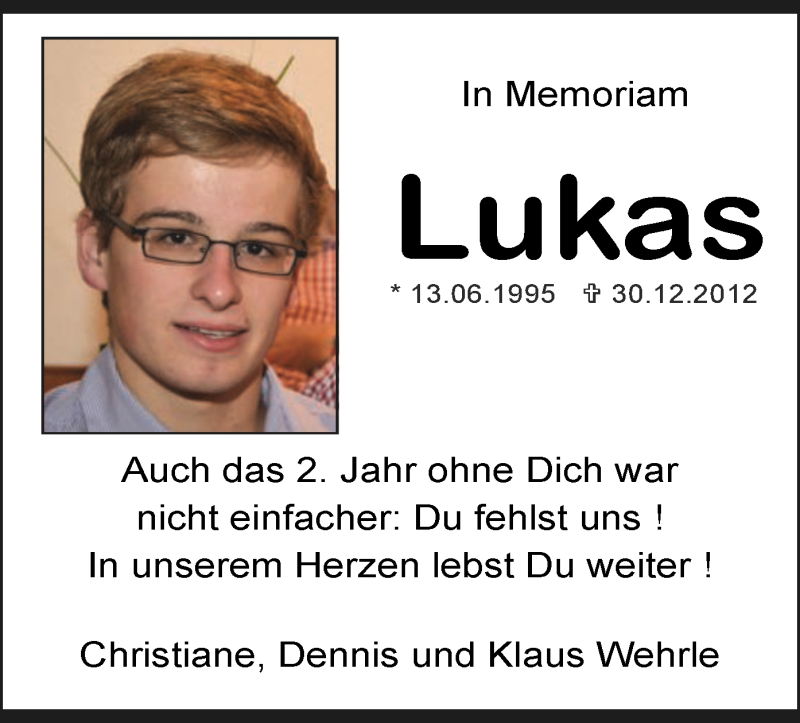  Traueranzeige für Lukas Wehrle vom 27.12.2014 aus Offenbach