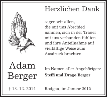 Traueranzeige von Adam Berger von Offenbach