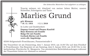 Traueranzeige von Marlies Grund von OFFENBACH-POST/HANAU-POST