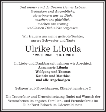 Traueranzeige von Ulrike Libuda von OFFENBACH-POST/HANAU-POST