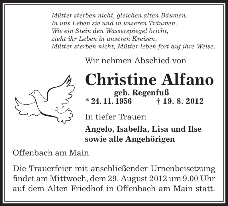  Traueranzeige für Christine Alfano vom 25.08.2012 aus OFFENBACH-POST/HANAU-POST