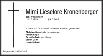 Traueranzeige von Mimi Lieselore Kronenberger von OFFENBACH-POST/HANAU-POST