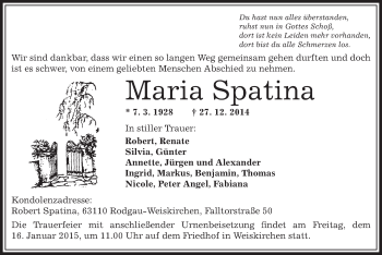 Traueranzeige von Maria Spatina von Offenbach