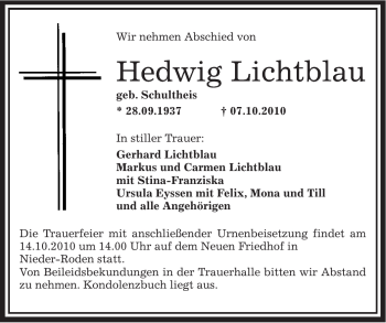 Traueranzeige von Hedwig Lichtblau von OFFENBACH-POST/HANAU-POST