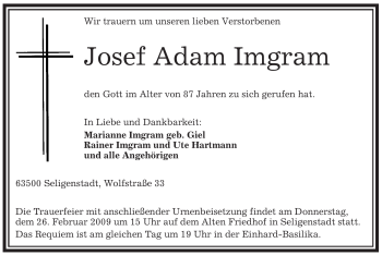 Traueranzeige von Josef Adam Imgram von OFFENBACH-POST/HANAU-POST