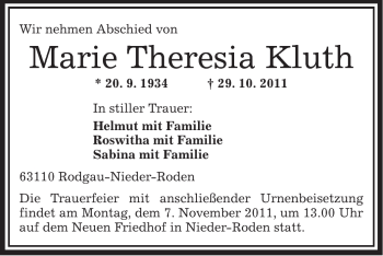 Traueranzeige von Marie Theresia Kluth von OFFENBACH-POST/HANAU-POST