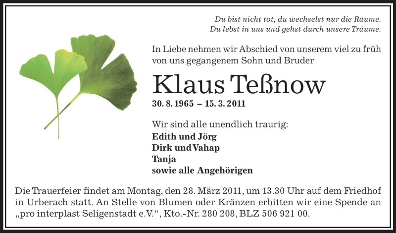  Traueranzeige für Klaus Teßnow vom 19.03.2011 aus OFFENBACH-POST/HANAU-POST