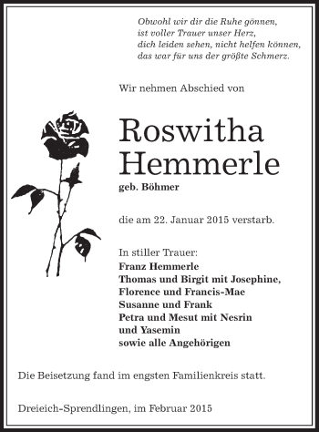 Traueranzeige von Roswitha Hemmerle von Offenbach