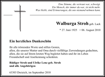 Traueranzeige von Walburga Stroh von OFFENBACH-POST/HANAU-POST