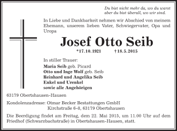 Traueranzeige von Josef Otto von Offenbach