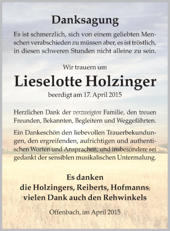 Traueranzeige von Lieselotte Holzinger von Offenbach