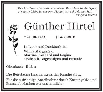 Traueranzeige von Günther Hirtel von OFFENBACH-POST/HANAU-POST