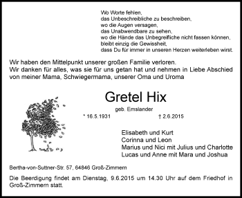Traueranzeige von Gretel Hix von Offenbach