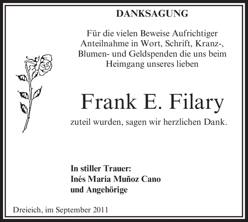  Traueranzeige für Frank E. Filary vom 15.09.2011 aus OFFENBACH-POST/HANAU-POST