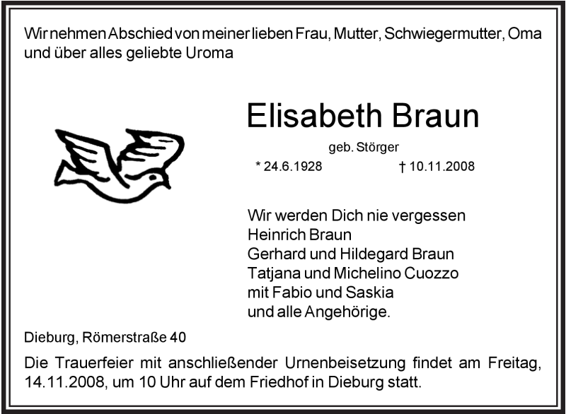  Traueranzeige für Elisabeth Braun vom 13.11.2008 aus OFFENBACH-POST/HANAU-POST