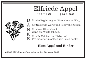 Traueranzeige von Elfriede Appel von OFFENBACH-POST/HANAU-POST