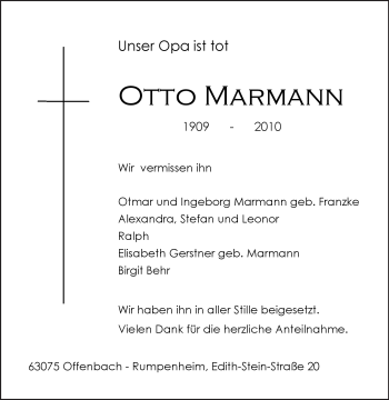 Traueranzeige von Otto Marmann von OFFENBACH-POST/HANAU-POST