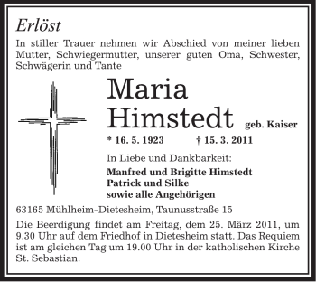 Traueranzeige von Maria Himstedt von OFFENBACH-POST/HANAU-POST