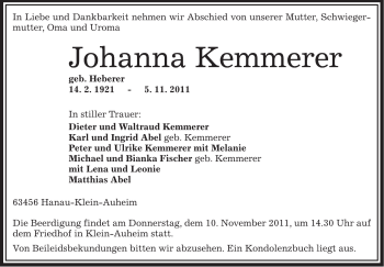 Traueranzeige von Johanna Kemmerer von OFFENBACH-POST/HANAU-POST