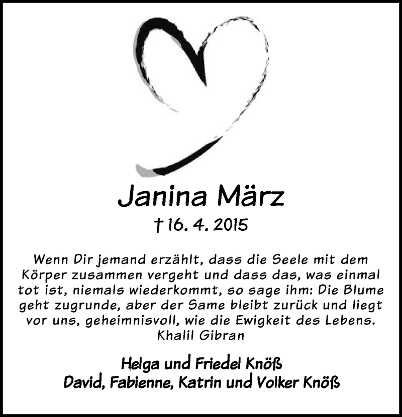  Traueranzeige für Janina März vom 25.04.2015 aus Offenbach