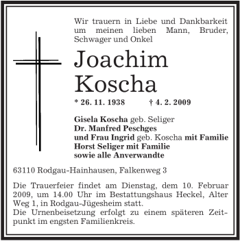 Traueranzeige von Joachim Koscha von OFFENBACH-POST/HANAU-POST