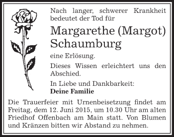 Traueranzeige von Margarethe Schaumburg von Offenbach