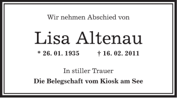 Traueranzeige von Lisa Altenau von OFFENBACH-POST/HANAU-POST