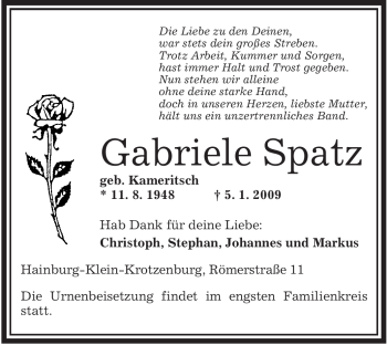 Traueranzeige von Gabriele Spatz von OFFENBACH-POST/HANAU-POST