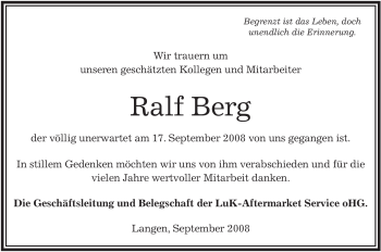 Traueranzeige von Ralf Berg von OFFENBACH-POST/HANAU-POST