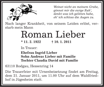 Traueranzeige von Roman Lieber von OFFENBACH-POST/HANAU-POST