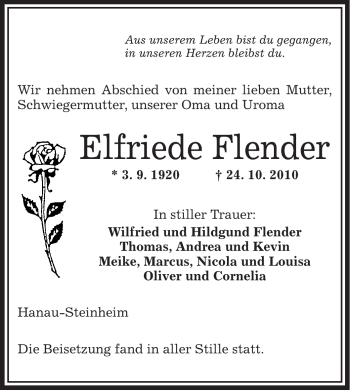 Traueranzeige von Elfriede Flender von OFFENBACH-POST/HANAU-POST