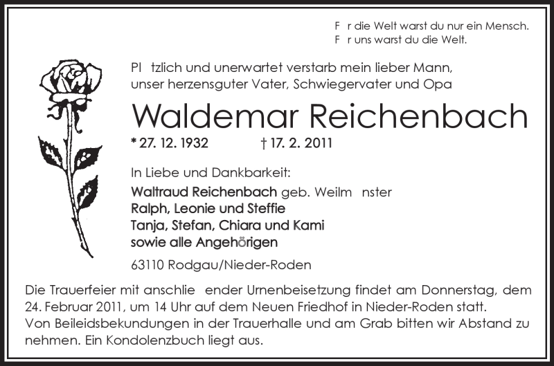  Traueranzeige für Waldemar Reichenbach vom 19.02.2011 aus OFFENBACH-POST/HANAU-POST