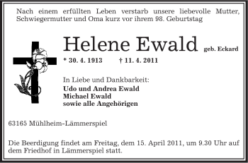 Traueranzeige von Helene Ewald von OFFENBACH-POST/HANAU-POST