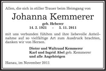 Traueranzeige von Johanna Kemmerer von OFFENBACH-POST/HANAU-POST