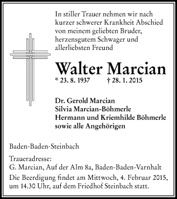 Traueranzeige von Walter Marcian von Offenbach