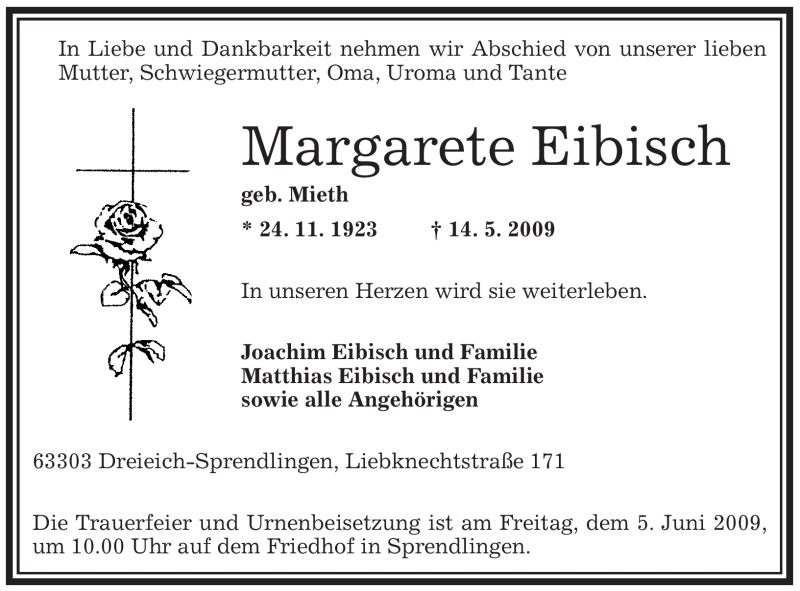  Traueranzeige für Margarete Eibisch vom 02.06.2009 aus OFFENBACH-POST/HANAU-POST