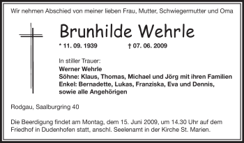 Traueranzeige von Brunhilde Wehrle von OFFENBACH-POST/HANAU-POST