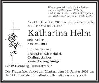 Traueranzeige von Katharina Helm von OFFENBACH-POST/HANAU-POST