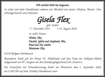 Traueranzeige von Gisela Flex von OFFENBACH-POST/HANAU-POST