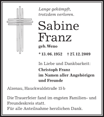 Traueranzeige von Sabine Franz von OFFENBACH-POST/HANAU-POST