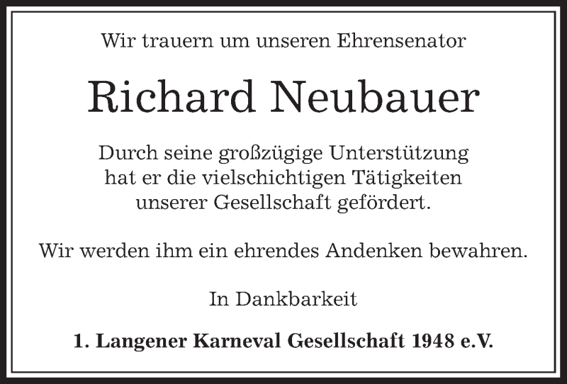  Traueranzeige für Richard Neubauer vom 05.05.2015 aus Offenbach