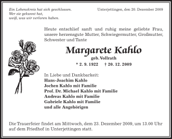 Traueranzeige von Margarete Kahlo von OFFENBACH-POST/HANAU-POST