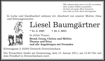 Traueranzeige von Liesel Baumgärtner von OFFENBACH-POST/HANAU-POST