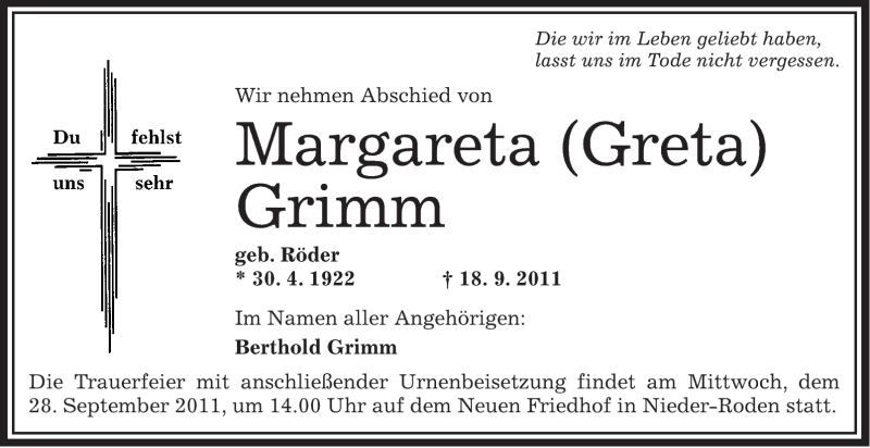  Traueranzeige für Margareta Grimm vom 24.09.2011 aus OFFENBACH-POST/HANAU-POST