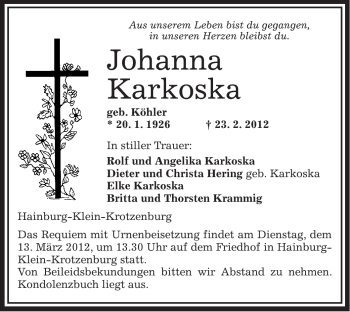 Traueranzeige von Johanna Karkoska von OFFENBACH-POST/HANAU-POST