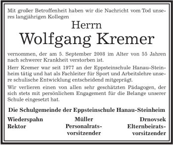 Traueranzeige von Wolfgang Kremer von OFFENBACH-POST/HANAU-POST