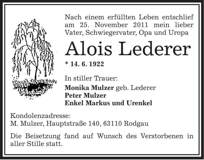  Traueranzeige für Alois Lederer vom 17.12.2011 aus OFFENBACH-POST/HANAU-POST